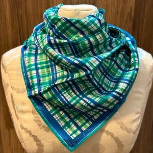 Vera Silk Vintage 70’s Plaid Stripes Blue Green White Scarf 22” x 21”